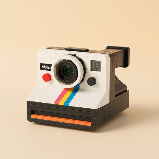 Toy camera model on a beige background