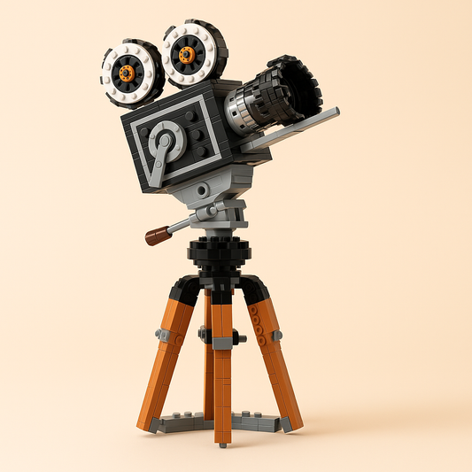 LEGO model of a vintage movie camera on a beige background