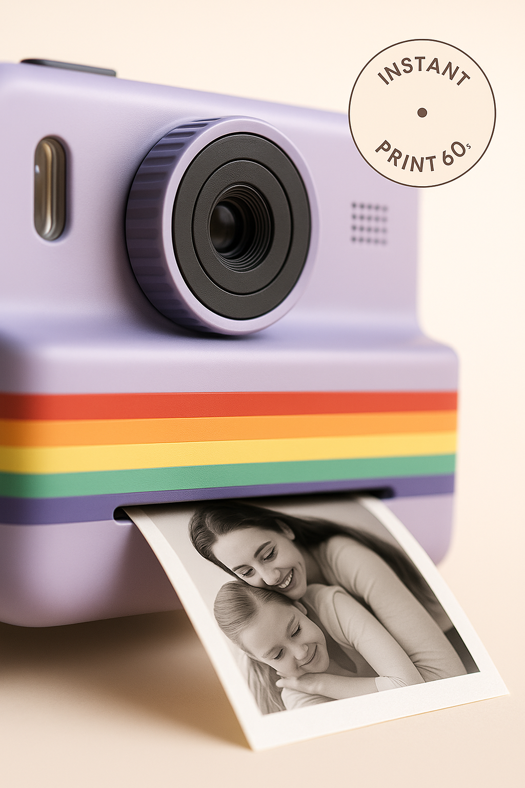 Purple instant print camera with a printed photo of two people, featuring the 'Instant Print' logo.