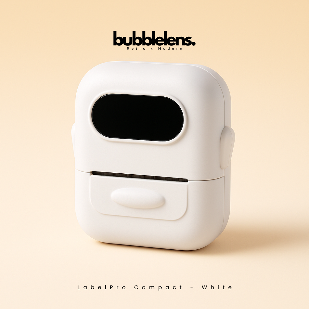 White label printer case with 'bubble lens' branding on a beige background