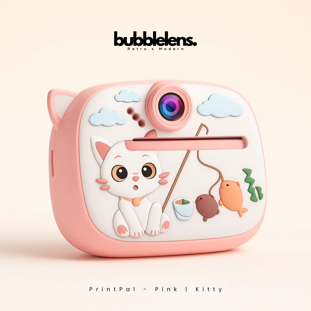 Pink and white camera with cartoon cat design on a beige background, featuring the brand 'bubble lens'.