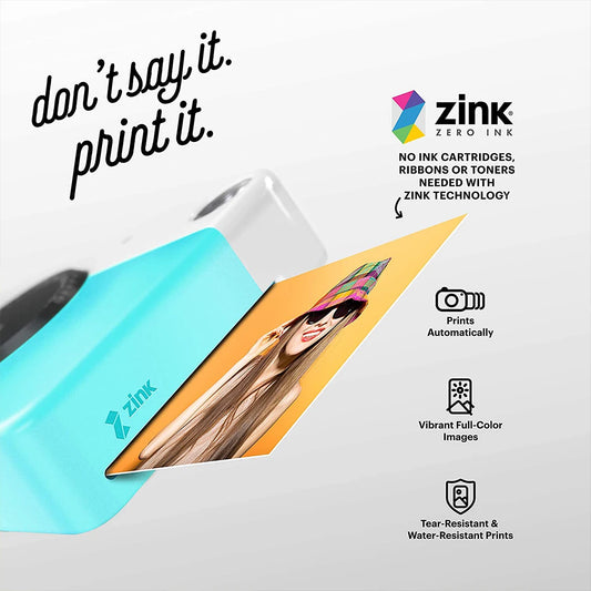Zink zero ink printer with a printed card featuring a woman's face, on a white background.