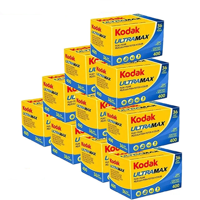 Kodak Ultramax 400 film boxes stacked on a white background