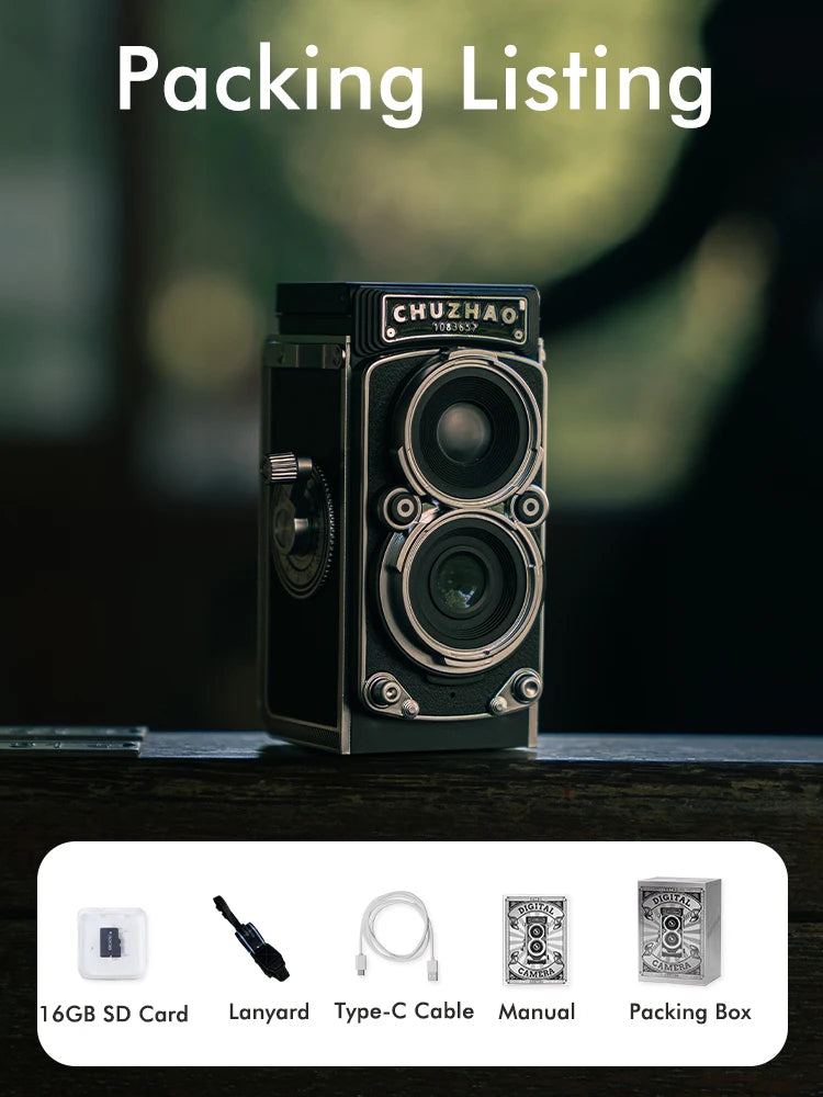 Vintage camera with packing list on a blurred background