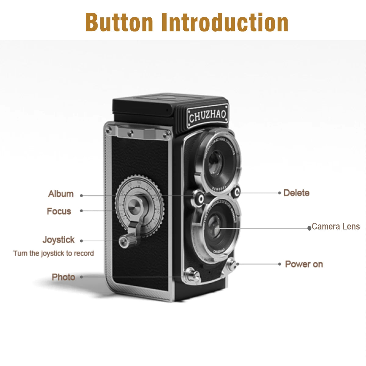 Vintage camera with labeled buttons on a white background