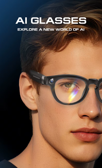 Person wearing AI glasses with promotional text on a dark background