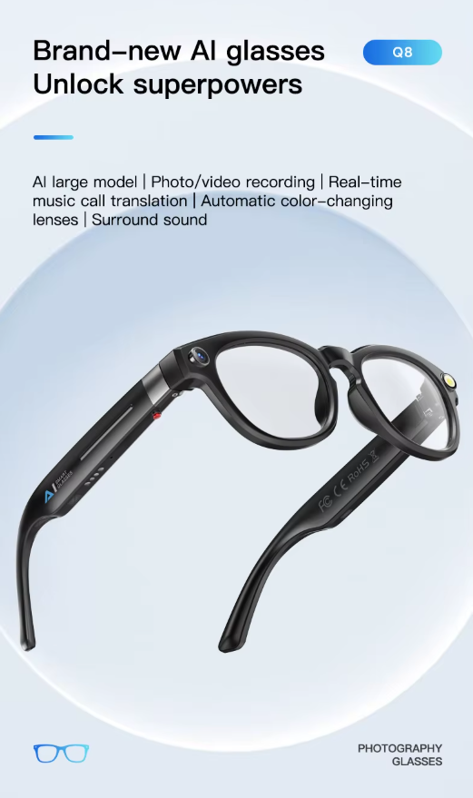 Advertisement for brand-new AI glasses with features listed on a light blue background