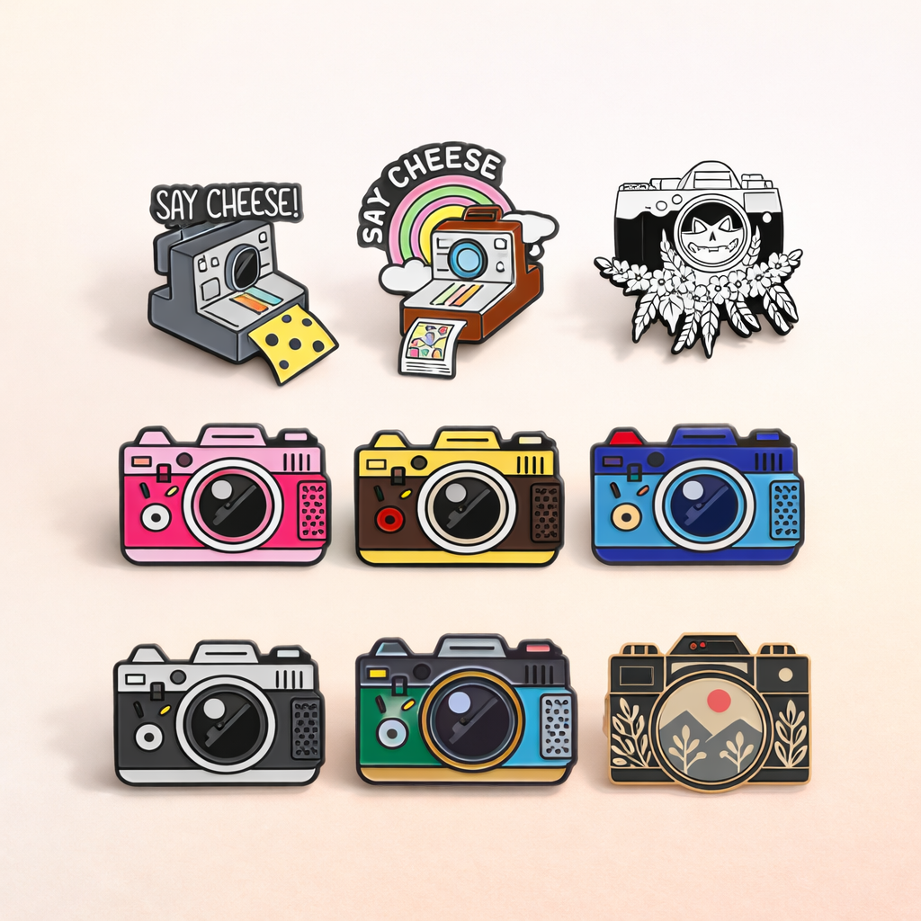 Set of colorful camera-themed pins on a beige background