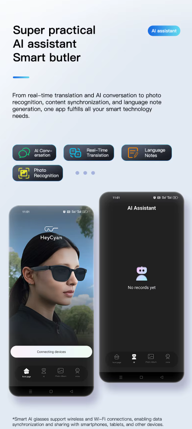 Smart phone app interface with AI assistant features on a white background