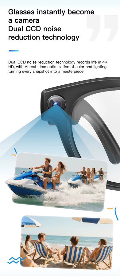Goggles with dual CCD noise reduction technology feature, showing water activities and relaxation.