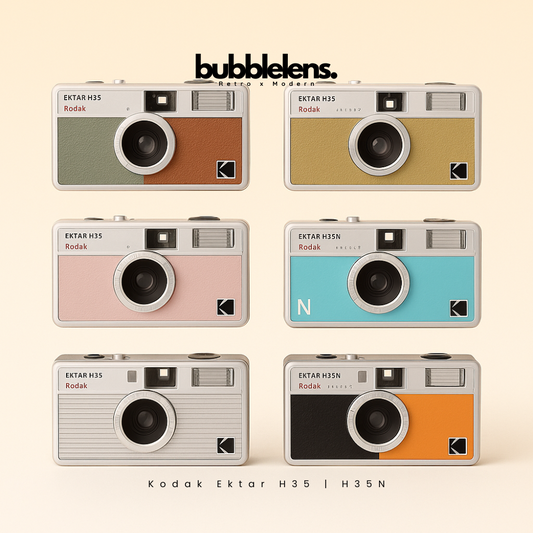 Set of six colorful Kodak Ektar H35 cameras on a beige background with 'bubblelens' branding.