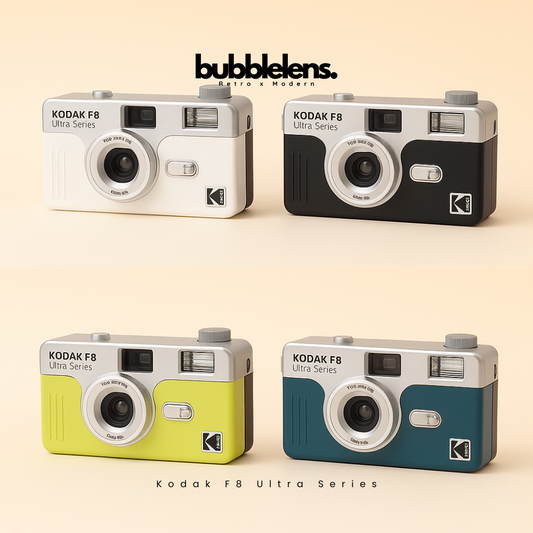 Four Kodak F8 Ultra Series cameras in different colors on a beige background with 'bubblelens' branding.