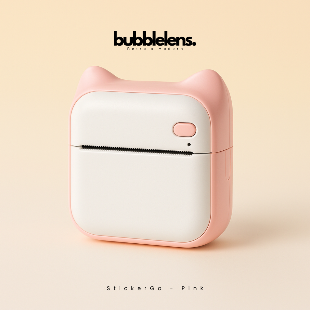 Pink and white case with cat ear design on a beige background, featuring the brand 'bubble lens'.