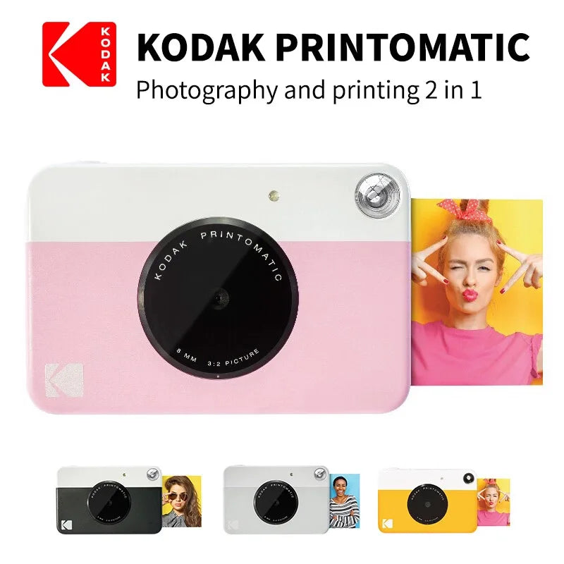 Kodak Printomatic camera with a pink design and a photo of a woman on a yellow background.