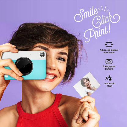 Woman holding a turquoise camera and a printed photo against a purple background with text 'Smile Click Print'.