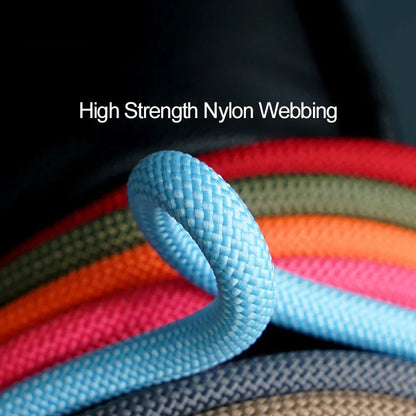 Close-up of high strength nylon webbing in various colors with Niyi brand logo.