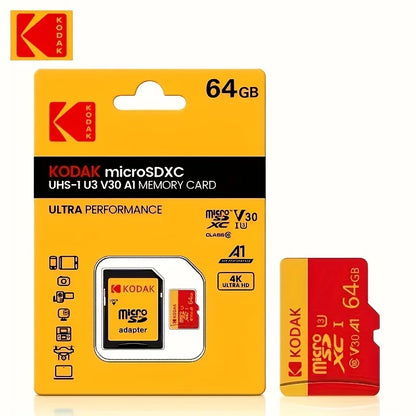 Kodak 64GB microSDXC memory card packaging with card on a white background