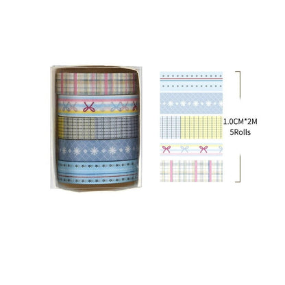 Set of colorful washi tape rolls with a cardboard holder on a white background.