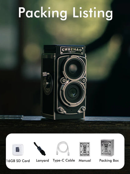 Vintage camera with packing list on a blurred background