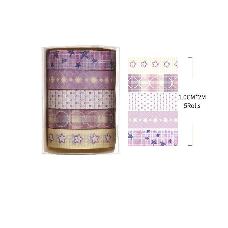 Set of washi tape rolls with star and circle patterns in a cylindrical holder, with dimensions and product code displayed.
