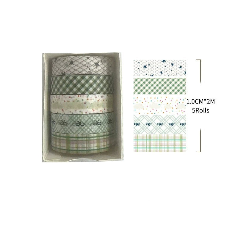Set of green washi tape rolls in a box with measurements and product code.