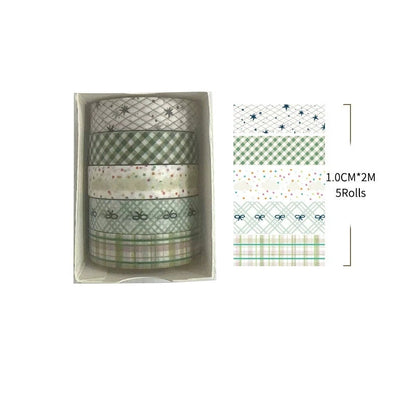 Set of green washi tape rolls in a box with measurements and product code.
