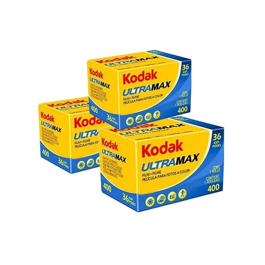 Three boxes of Kodak Ultramax 400 film on a white background