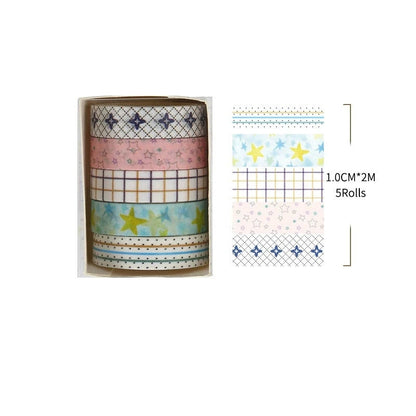Set of washi tape rolls with patterns in a box, showing dimensions and product code.