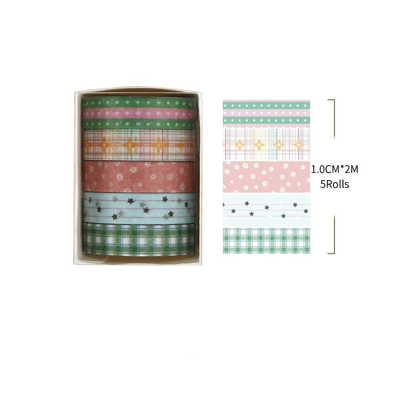 Set of washi tape rolls in a box with measurements and product code.