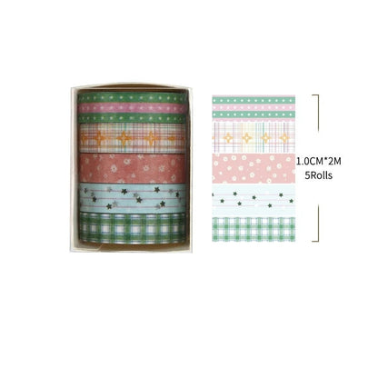Set of washi tape rolls in a box with measurements and product code.