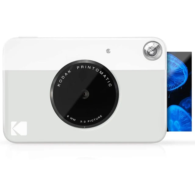 Kodak Printomatic camera with a small screen displaying an image on a white background