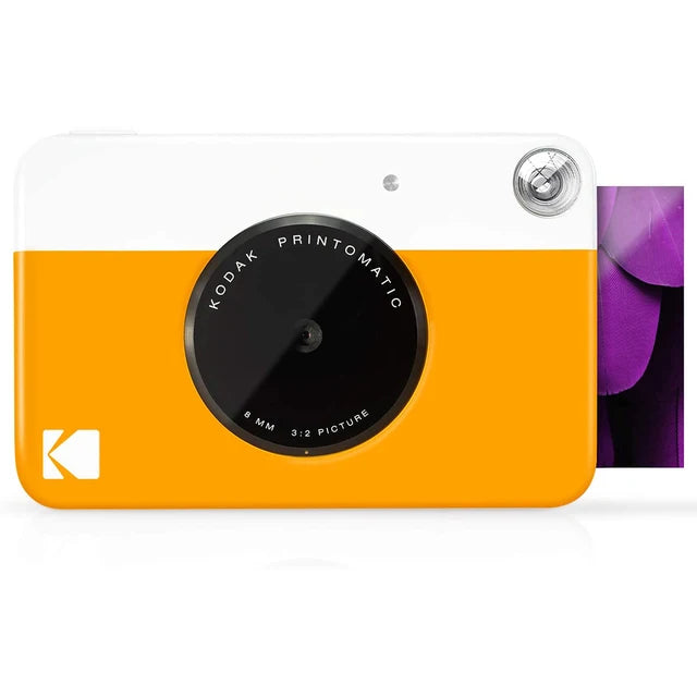 Orange Kodak Printomatic camera with a white background