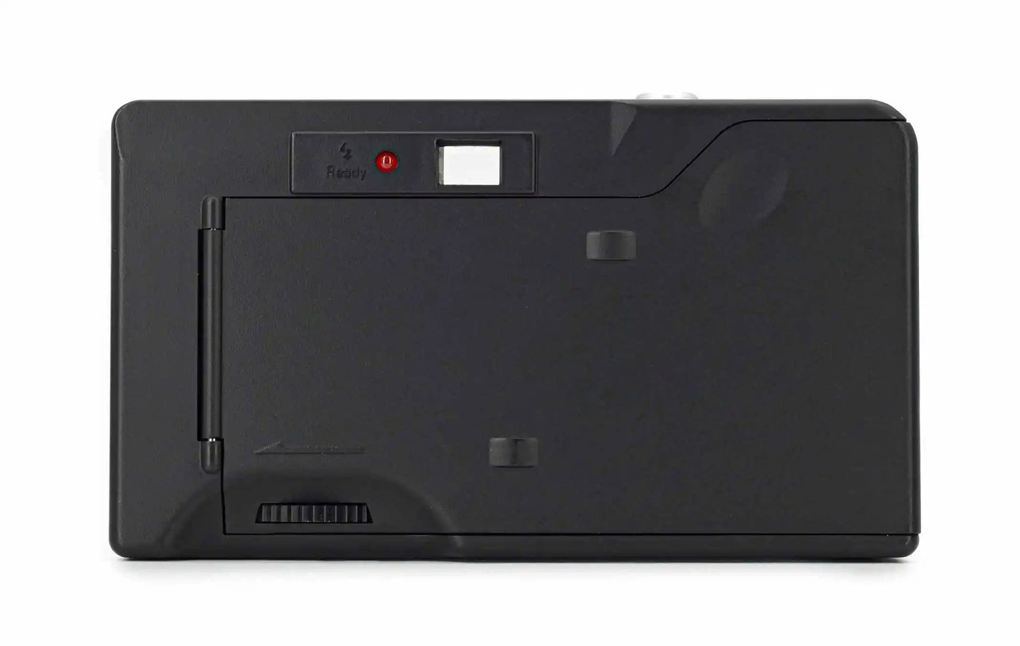 Back view of a black electronic device with ports and buttons on a white background