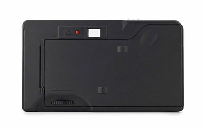 Back view of a black electronic device with ports and buttons on a white background