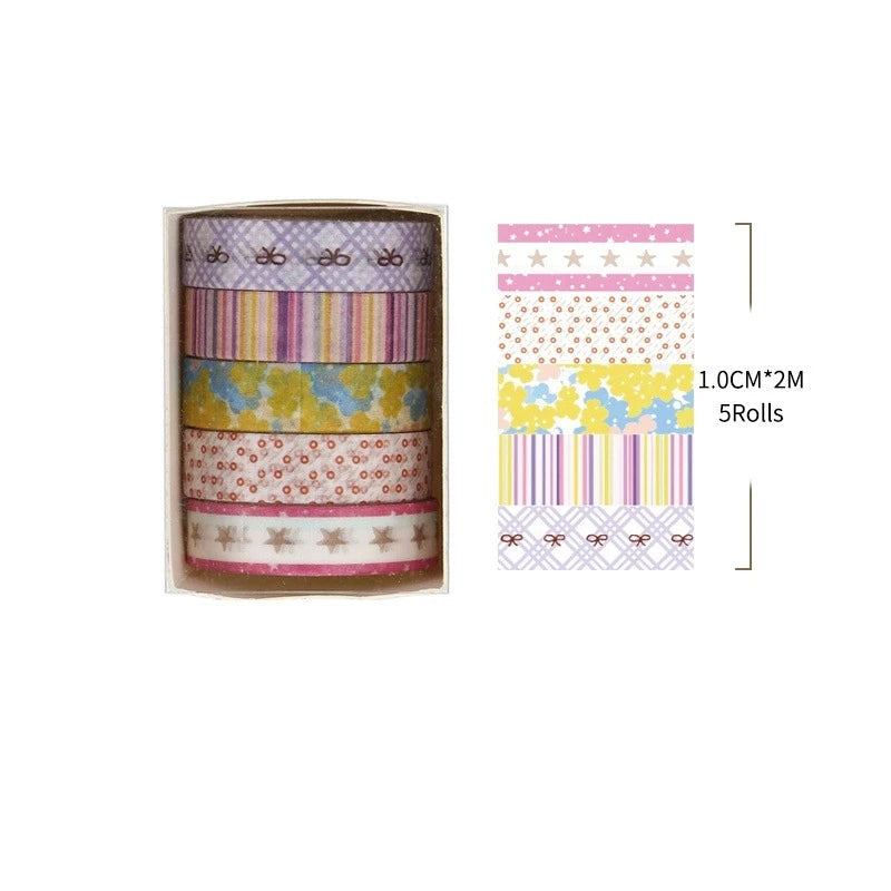 Set of colorful washi tape rolls in a box with dimensions and product code.