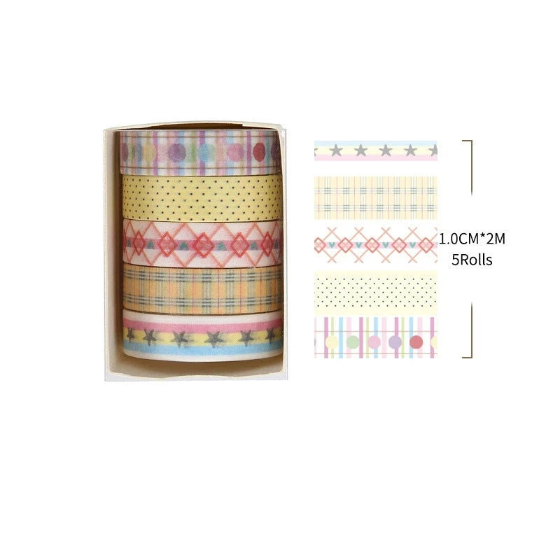 Set of colorful washi tape rolls in a box with dimensions and product code.