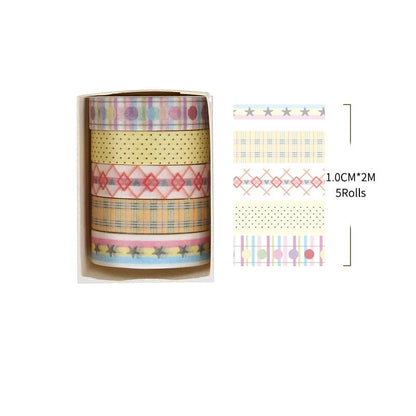 Set of colorful washi tape rolls in a box with dimensions and product code.