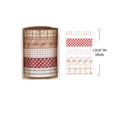 Set of washi tape rolls in a cardboard holder with measurements and product code.