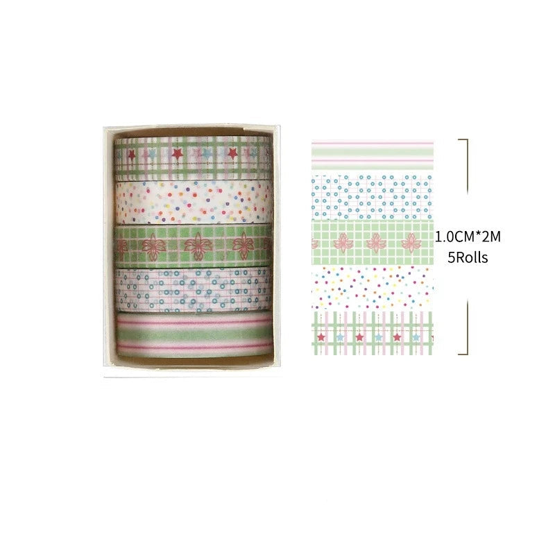 Set of washi tape rolls with a box, showing patterns and dimensions.