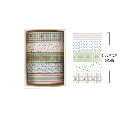 Set of washi tape rolls with a box, showing patterns and dimensions.