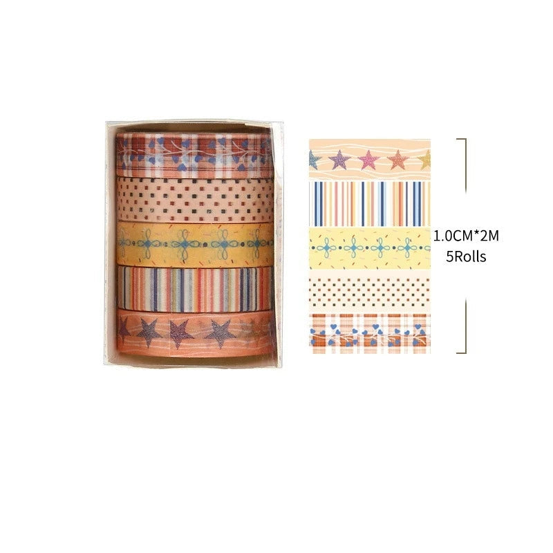 Set of colorful washi tape rolls in a cylindrical holder with dimensions and product code.