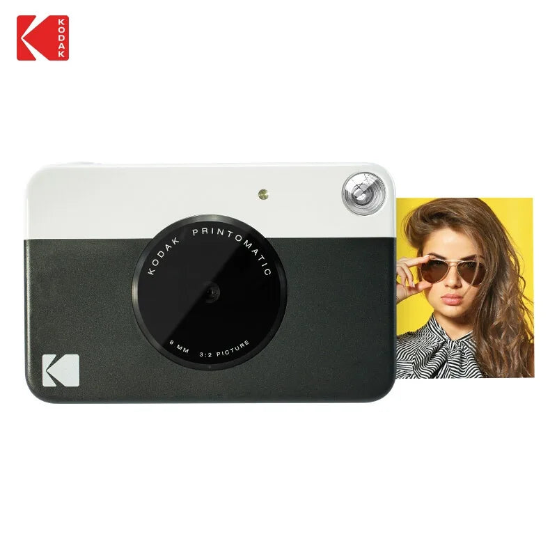 Kodak Printomatic camera with a woman wearing sunglasses on a yellow background