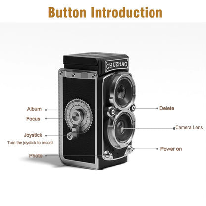 Vintage camera with labeled buttons on a white background