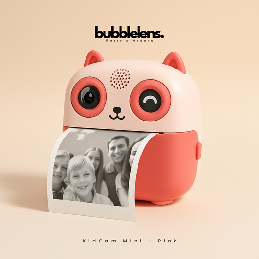 Pink and red toy with a photo of a family on a beige background, featuring the brand 'bubble lens'.
